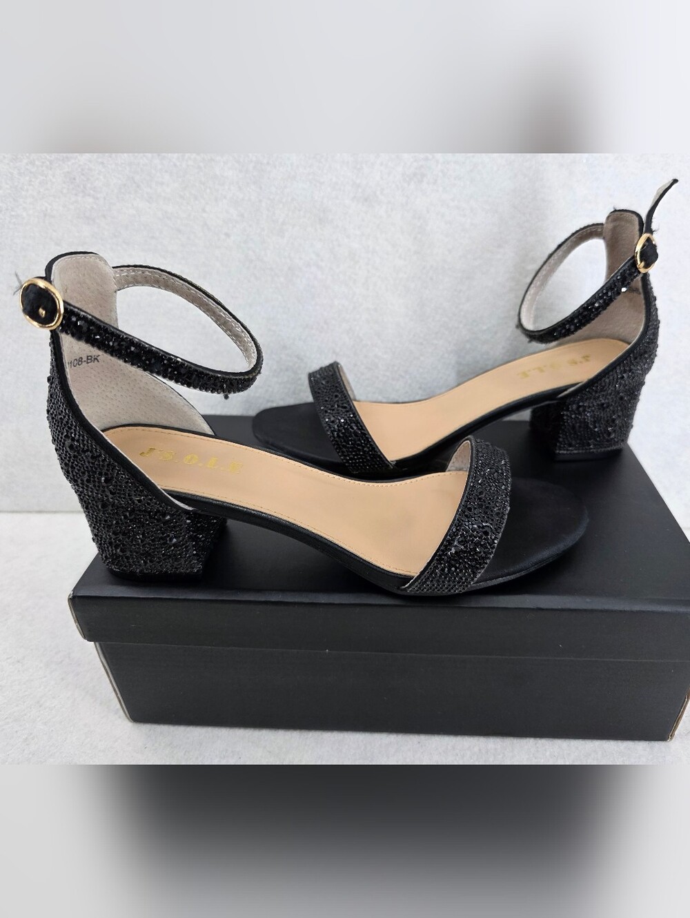 J' s.o.l.e. Black Sparkly Rhinestones Open Toe Block Heel Women's Size 8 Dance